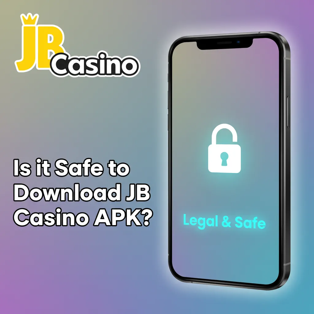 JB Casino app on phone with lock and licence badge, emphasising secure, regulated APK; download only from official page