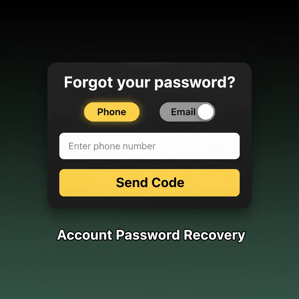 Account password recovery steps: tap Forgot Password, verify via SMS/email or security questions, set new password, sign in.