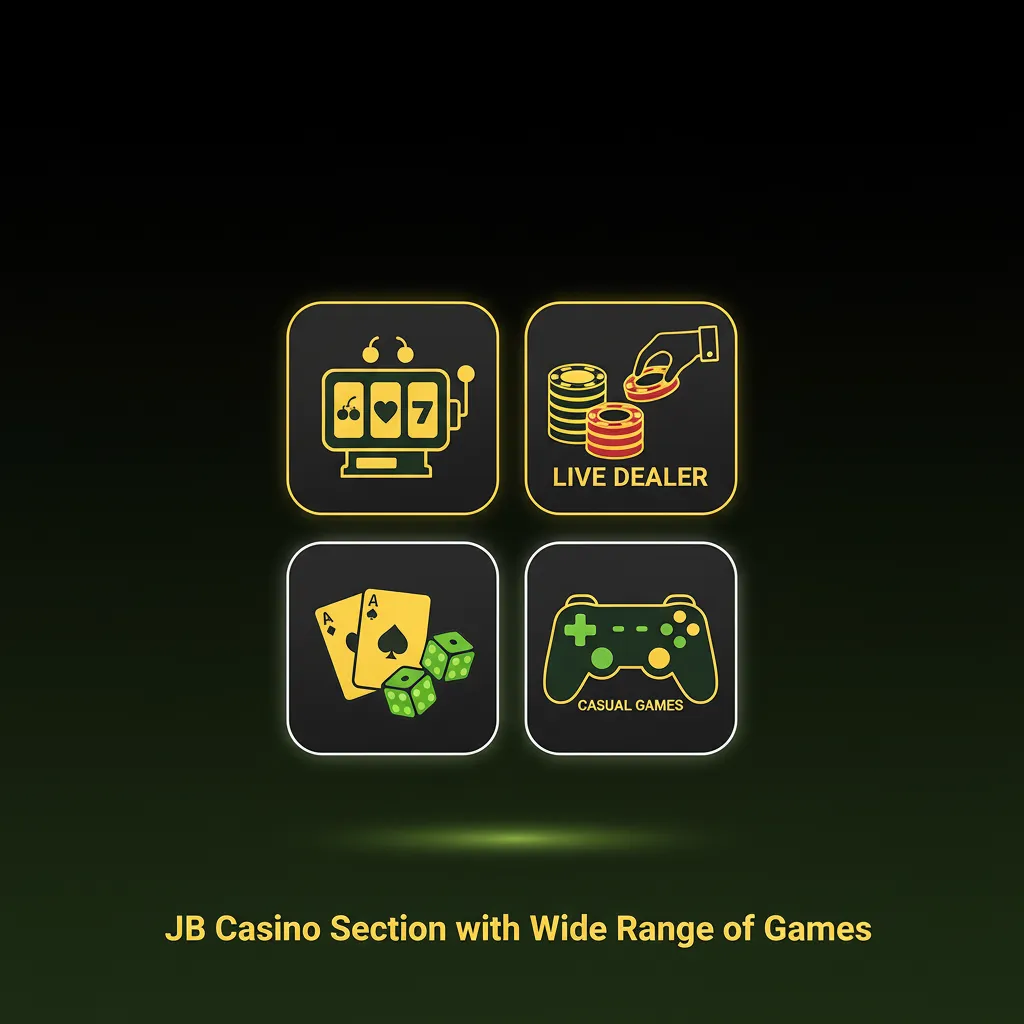 JB Casino section showcasing a grid of game tiles and categories: slots, crash, instant, card, table, and game shows (INR).