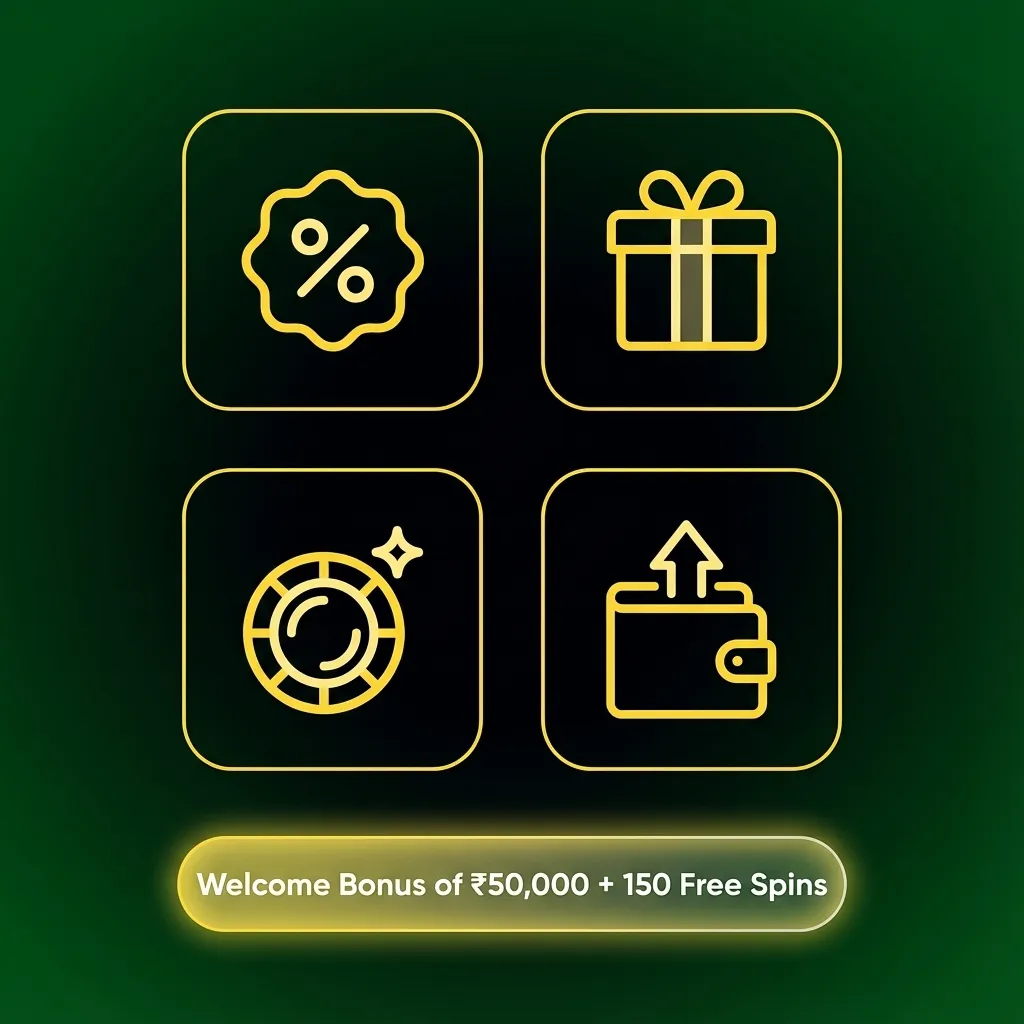 Three-tier casino welcome bonus package totaling ₹50,000 plus 150 free spins for Indian players with wagering requirements